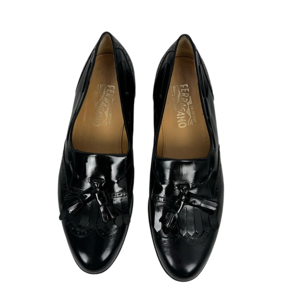 Salvatore Ferragamo Mens 10.5 C Made in Italy Lucas Kiltie Tassel Loafer Black